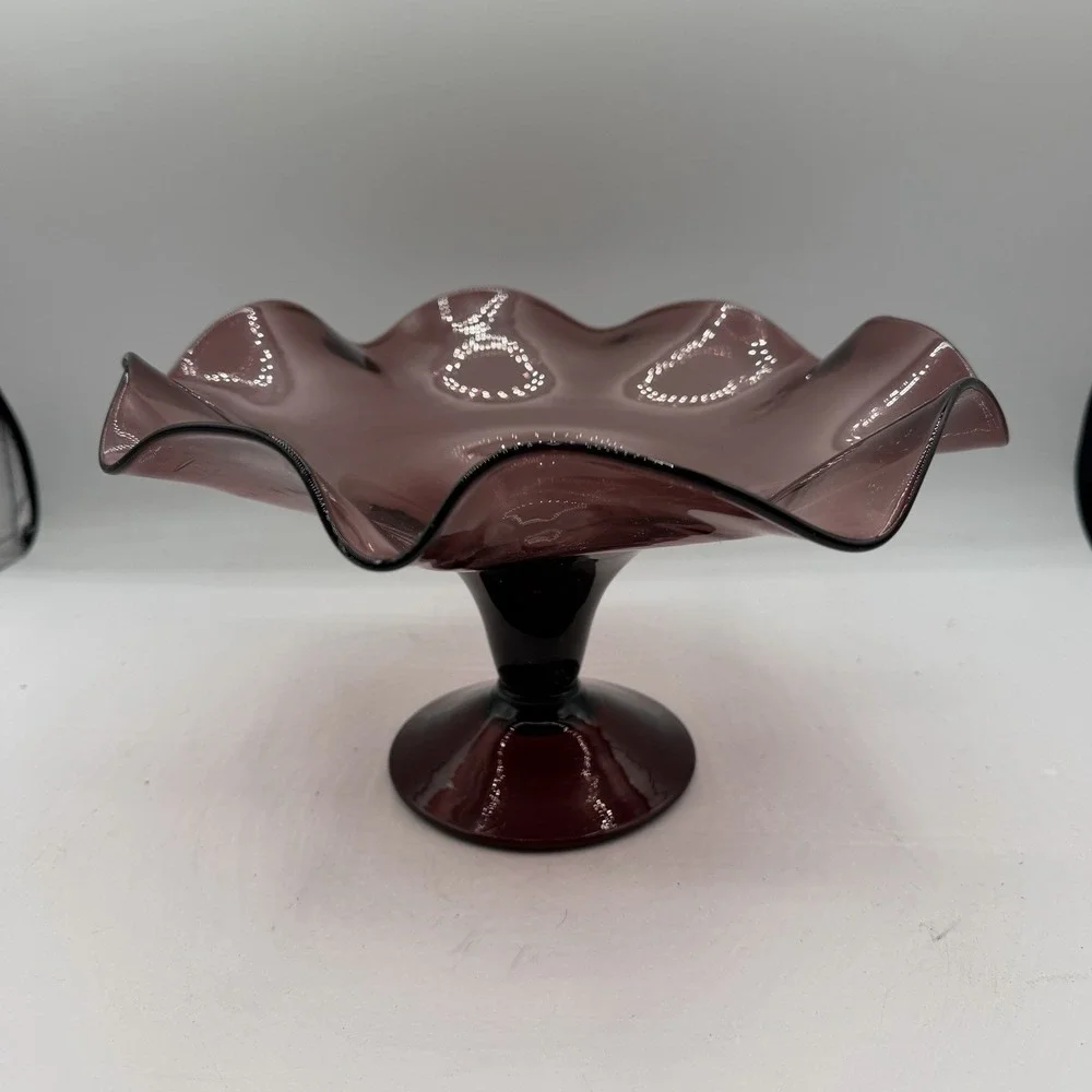 Vintage Handblown Art Glass Amethyst Purple Ruffled Scalloped Edge Compote Dish